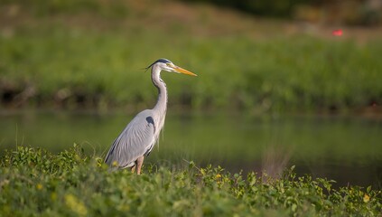 Fototapeta premium A grey heron in a natural habitat, showcasing wildlife observation, World Migratory Bird Day