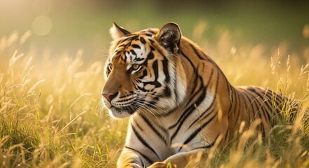 Naklejka premium Close-up portrait of a fierce Bengal tiger wildcat with black stripes in nature