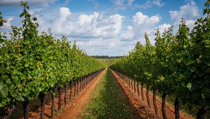 Rows of vines in a vineyard, showcasing seasonal change
