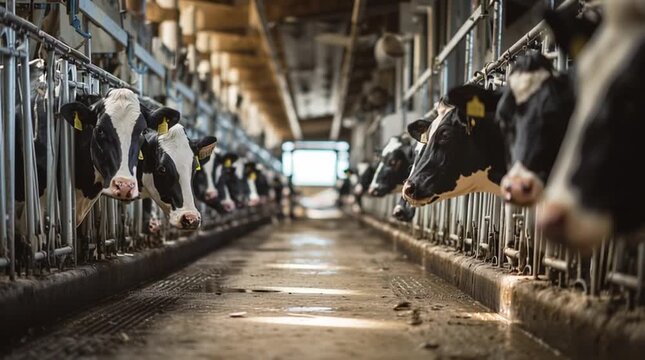 Row of black and white cows standing in a barn with metal bars and a concrete floor in a farm setting