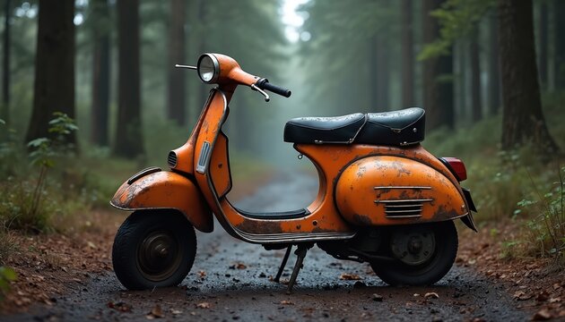 Old orange scooter rests on forest path. Rusty vintage motorcycle sits abandoned in tall trees. Dirt road leads through dense woods. Nature scene with classic vehicle.