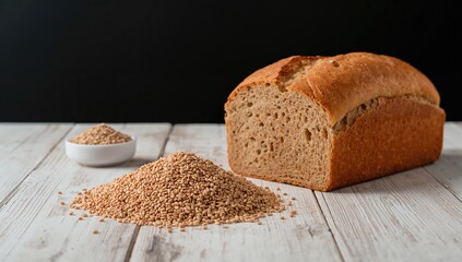 Rye meal, malt, and bread displayed on a white wooden table, highlighting a fiber-dense choice