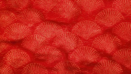 Red wave pattern fabric featuring a Japanese fan design with gold accents, suitable for textile applications