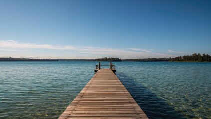 Fototapeta premium Pier extending over the lake, serene water and sky, summer travel theme, reflecting nature's beauty