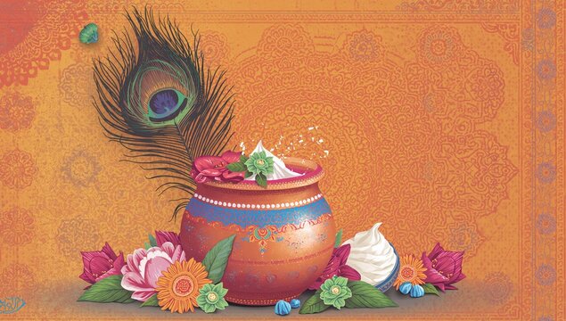 Janmashtami celebration featuring matki yogurt, peacock feather, flowers, and Krishna's instrument, cultural festivity
