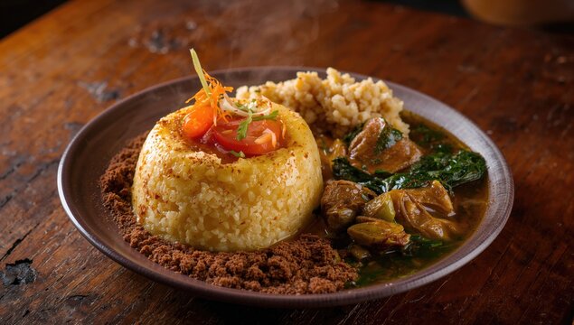 Pounded yam and garri eba accompanied by egusi soup, a protein-rich meal