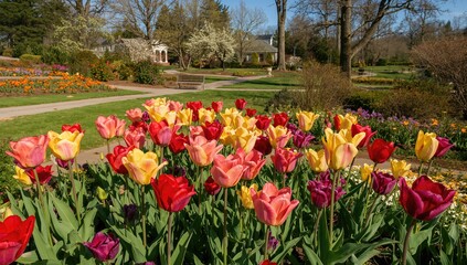 Tulips in bloom at a garden, vibrant colors adding to spring's beauty