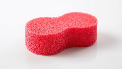 Close-up of a red washing sponge against a white backdrop. Isolated and high-resolution image.
