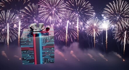 Exciting tech gift reveal with vibrant fireworks display for New Year's Eve celebration event video