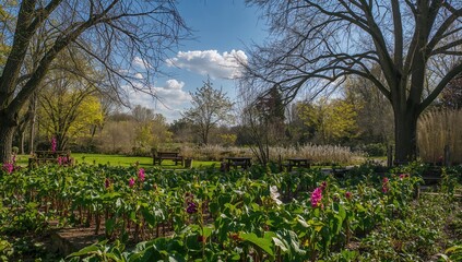 Obraz premium Ornamental plants in a university garden, enhancing campus aesthetics