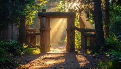 Sunbeams stream through a rustic wooden gateway in a lush green forest with dappled sunlight and shadows on a forest floor path creating an enchanting natural scene
