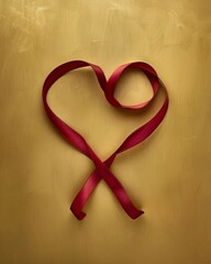 A vibrant red ribbon creatively arranged to form a heart shape against a shimmering golden background, representing love, passion, and celebration in stunning visual elegance.