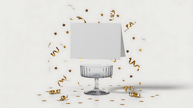 Blank card mockup with gold confetti, glass coupe, celebration. - Powered by Adobe
