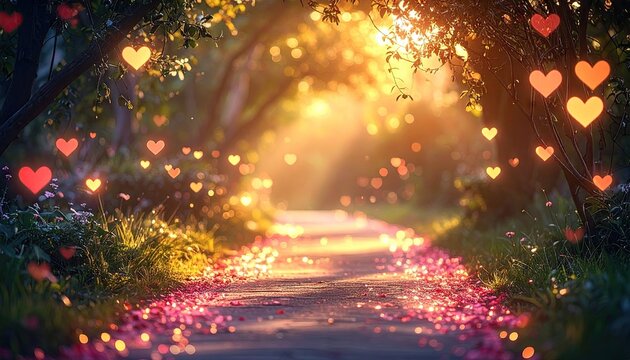 Romantic Forest Path Bathed In Golden Sunlight With Floating Hearts And Petals Scattered On The Ground Creating A Magical Atmosphere - Powered by Adobe