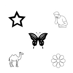 Collection of simple black and white icons including a star butterfly camel flower and sick person