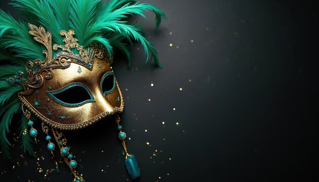 Golden ornate carnival mask with green feathers and blue gems. Festive attire for masquerade ball or costume party. Decorative face wear for celebration. - Powered by Adobe