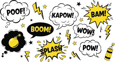 Comic sound effects set, pop art speech bubbles, boom, pow, vector elements.