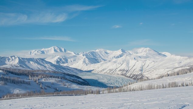 Snow-covered valley landscape featuring mountains and glaciers, highlighting seasonal change - Powered by Adobe
