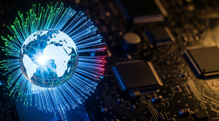 Global communications concept showing glowing world map surrounded by fiber optic light beams linking continents on detailed digital circuit board background