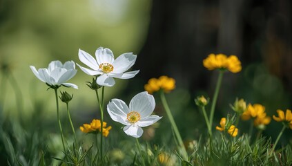 These white anemones are flourishing alongside tiny yellow blossoms, showcasing nature's delicate balance