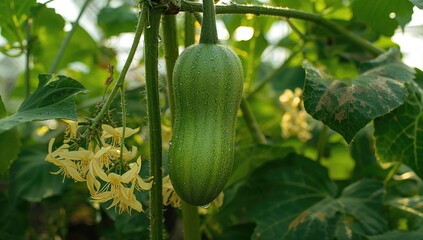 Close-up of cucumber growing on vine in greenhouse, showcasing healthy growth conditions