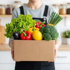 Person holding a cardboard box full of fresh vegetables and fruits in a kitchen