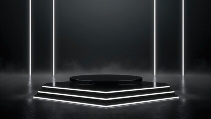 Black geometric podium stage illuminated by white neon lights, suitable for dramatic presentations