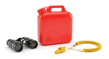 Red fuel container with equipment, creating a sense of adventure and readiness