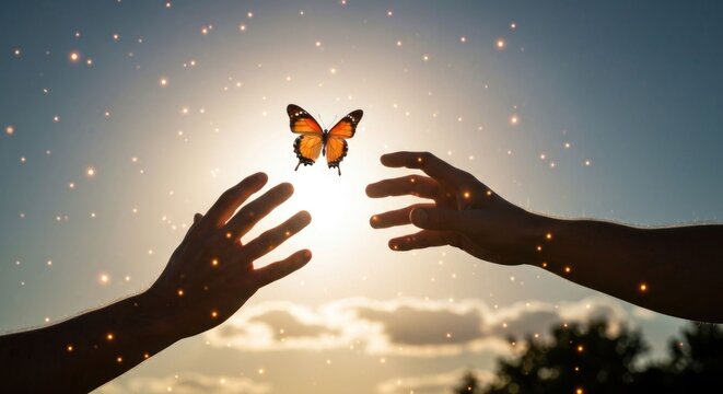 Reaching hands toward a vibrant butterfly, sunlit with golden sparks