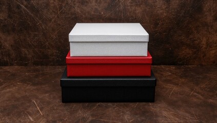 Stack of photobook boxes, showcasing leather and fabric textures, ideal for editorial header background