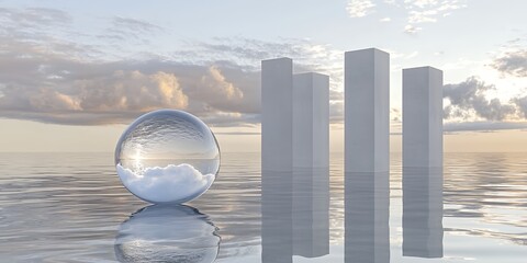 A reflective glass sphere with clouds inside floats on calm water near abstract rectangular pillars under a cloudy sky