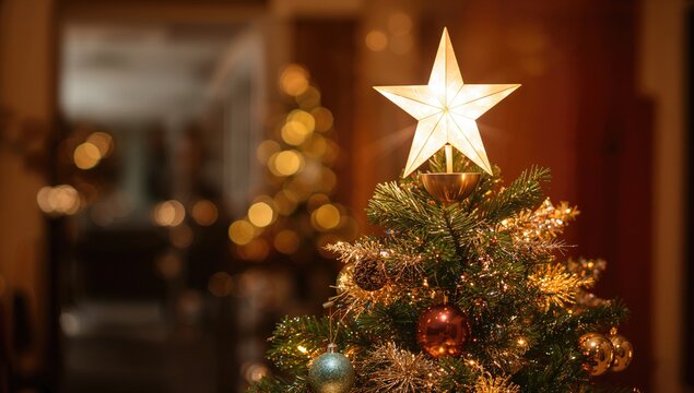 Christmas tree adorned with gold star and lights, seasonal celebration