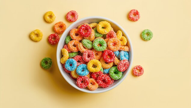 Colorful cereal rings displayed in a bowl, a fiber-dense choice for breakfast