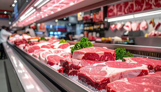 Rows Of Fresh Red Raw Beef Steaks And Meat Cuts Displayed In A Supermarket Refrigerator Case With Ice And Greens