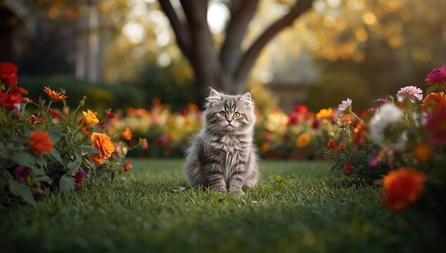 The small feline amidst vibrant blooms, a serene setting for relaxation