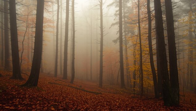 Enigmatic pine grove enveloped in dense fog, preservation