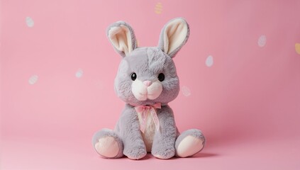 Plush rabbit positioned against a vibrant pink background, suitable for Easter-themed designs.