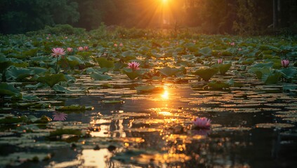 Sunlit reflection on lotus-adorned water, highlighting seasonal change