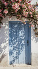 Blue rustic door framed by blooming pink flowers in sunlight