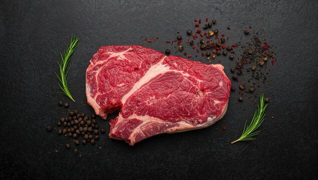 T-bone beef steak on a dark surface with spices, preparation for cooking, emphasis on flavor enhancement - Powered by Adobe