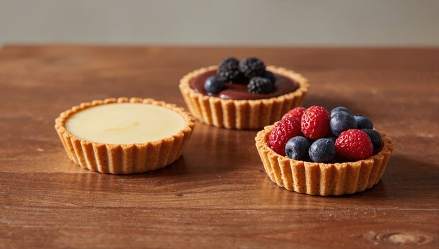 Vanilla, chocolate, and berry tarts arranged on a wooden surface, dessert indulgence - Powered by Adobe