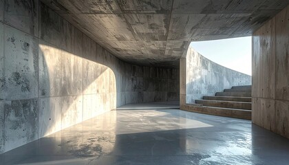 Sunlit Concrete Architecture Interior With Natural Light Creating Dramatic Shadows And Reflections On Wet Floor Leading To Stairs