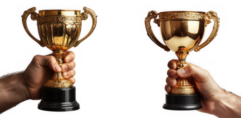 Two hands holding golden trophies