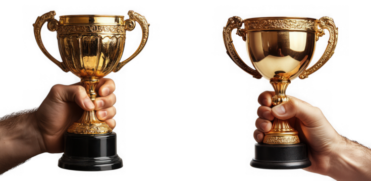 Two hands holding golden trophies