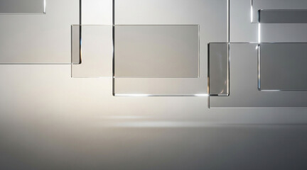 Abstract background texture showing overlapping transparent clear glass rectangles creating sharp edges and bright reflections on sleek surface