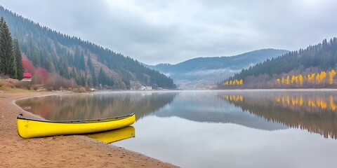 A lone yellow canoe rests on a sandy shore of a calm lake surrounded by mist covered mountains and evergreen trees