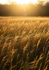 Naklejka premium A soft, invisible current of air flows gently through a vast sunlit meadow, causing the tall, dry golden field grass to sway and ripple harmoniously ,nature ,wind ,natural