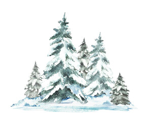 Winter Landscape with snow covered green spruces firs. Watercolor realistic Snowy Hills, snowdrifts and frosty evergreen forest. Hand drawn illustration isolated from the background. New Year card. 