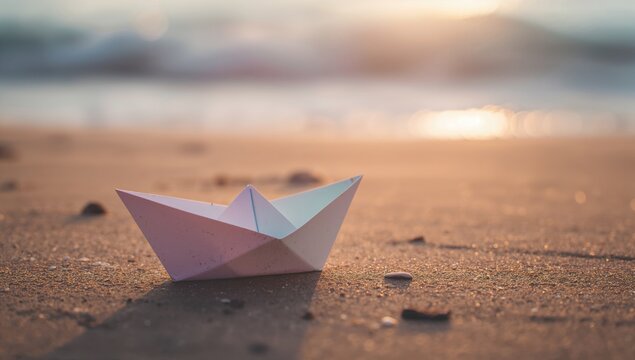 White paper boat on sandy shore at sunset, serene moment of solitude