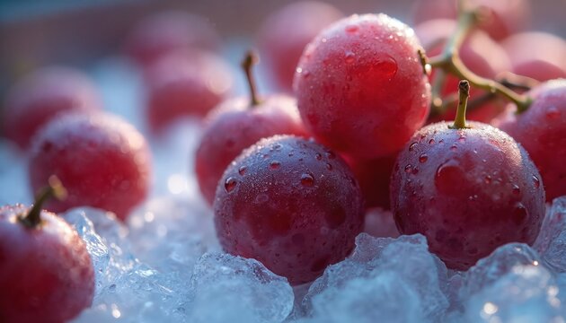 Closeup of fresh red grapes with water drops on cold ice. Bunch of ripe juicy berries for healthy summer snack. Natural organic fruit for refreshment dessert. Vibrant raw food great for clean eating